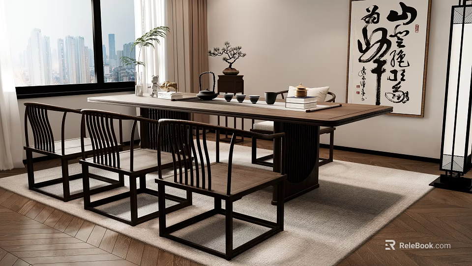 Traditional Chinese Style Tea Table and Chairs with Tea Sets Calligraphy Painting Near Window 3d model 