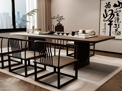 Traditional Chinese Style Tea Table and Chairs with Tea Sets Calligraphy Painting Near Window 3d model