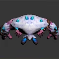 Mythical Horned Monster Character With Pink Skin White Fur Brown Straps And Blue Glowing Crystals