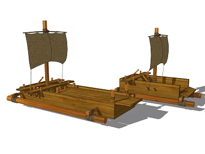 Two Traditional Wooden Boats With Brown Sails And Classic Wooden Structure 3d model