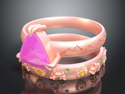 Pink Rose Gold Ring With Triangular Gemstone Mountain Pattern Flower Decorations And Yellow Green Stones 3d model