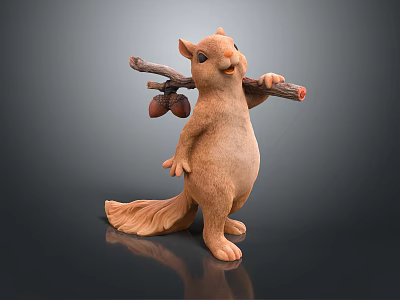 Cute Brown Squirrel Statue Carrying Branch With Acorns On Dark Background 3d model