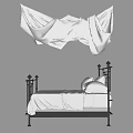 Elegant Double Bed with Black Metal Frame Ornate Details White Linens and Draped Fabric