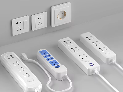 Wall Mounted White Electrical Switch Panels With Power Outlets And Extension Cords 3d model