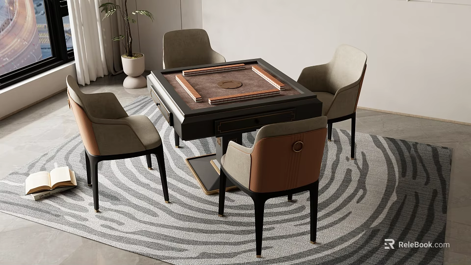 Modern Entertainment Table with Four Comfortable Chairs and Wooden Chessboard Top on Patterned Carpet 3d model 