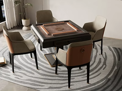 Modern Entertainment Table with Four Comfortable Chairs and Wooden Chessboard Top on Patterned Carpet 3d model