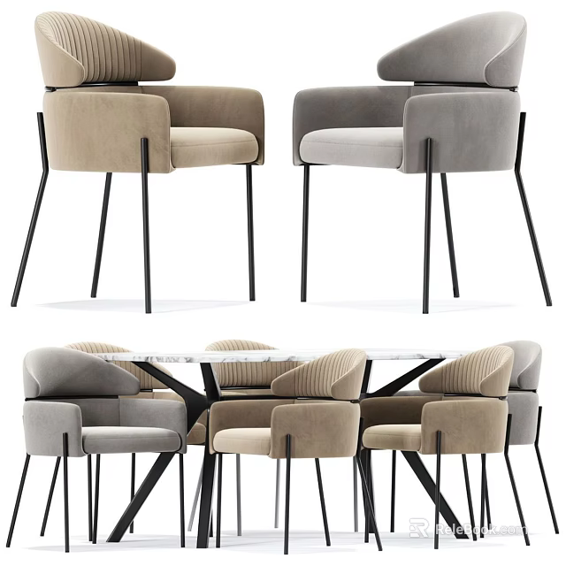 Modern Dining Table And Chairs Set With Beige Gray Upholstered Chairs And Black Legs 3d model 