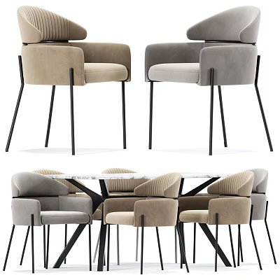 Modern Dining Table And Chairs Set With Beige Gray Upholstered Chairs And Black Legs 3d model