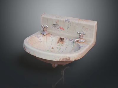 Vintage Bathroom Sink With Two Faucets And Worn Surface Graffiti Marks 3d model