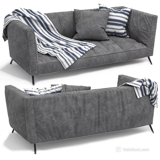 Modern Gray Two Seater Sofa With Striped Blanket And Decorative Pillows 3d model