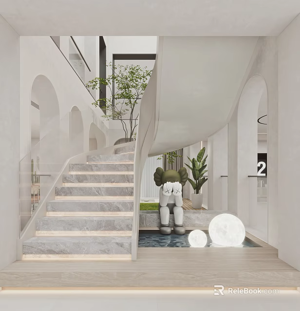 Modern Interior Design With Staircase Green Plants Sculpture And Circular Decorations 3d model 