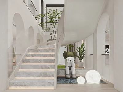 Modern Interior Design With Staircase Green Plants Sculpture And Circular Decorations 3d model