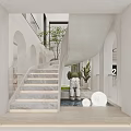 Modern Interior Design With Staircase Green Plants Sculpture And Circular Decorations