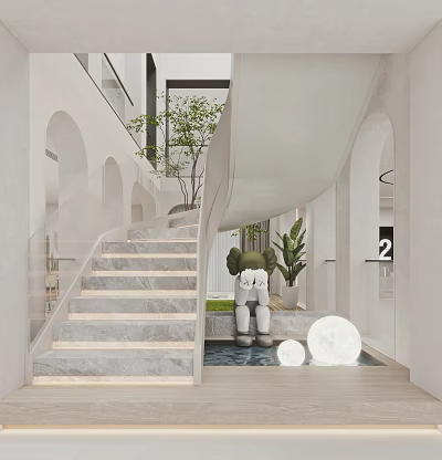 Modern Interior Design With Staircase Green Plants Sculpture And Circular Decorations 3d model