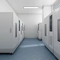 Clean Modern Laboratory Corridor With White Equipment Cabinets Blue Carpet And Strip Lights