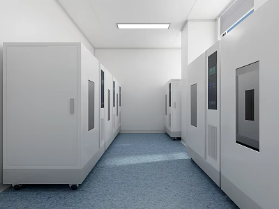 Clean Modern Laboratory Corridor With White Equipment Cabinets Blue Carpet And Strip Lights 3d model