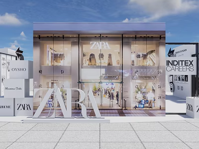 ZARA Retail Store Exterior With Glass Facade Clothing Displays And Entrance Signage 3d model