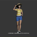 Character Wearing Straw Hat Yellow Striped Shirt Blue Shorts Holding Camera on Gray Stone Platform