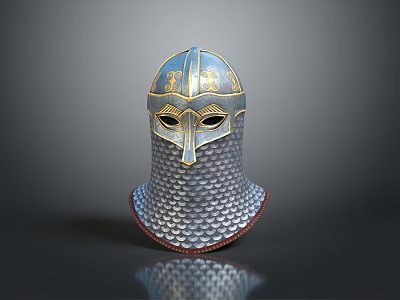 Medieval Metal Helmet With Decorative Golden Details And Chainmail Protective Gear 3d model