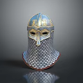 Medieval Metal Helmet With Decorative Golden Details And Chainmail Protective Gear