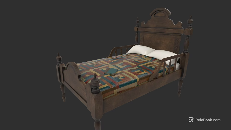 Wooden Kids Bed With Carved Headboard Four Poster Design Colorful Geometric Quilt And White Pillows 3d model 