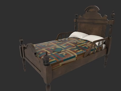 Wooden Kids Bed With Carved Headboard Four Poster Design Colorful Geometric Quilt And White Pillows 3d model