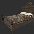Wooden Kids Bed With Carved Headboard Four Poster Design Colorful Geometric Quilt And White Pillows