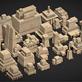 Cartoon Scene Of Ancient Stone Buildings With 3D Pyramids Temples Dense Earth Yellow Models