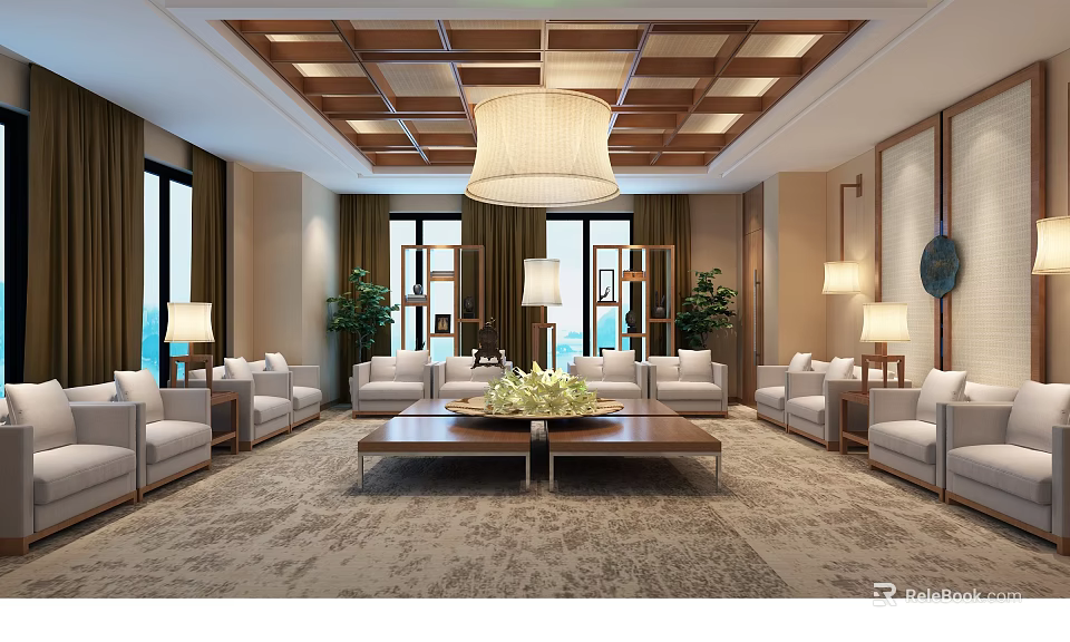 Elegant Spacious Conference Room With Wooden Ceiling Chandelier Sofa Sets And Coffee Table 3d model 