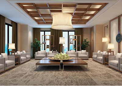 Elegant Spacious Conference Room With Wooden Ceiling Chandelier Sofa Sets And Coffee Table 3d model