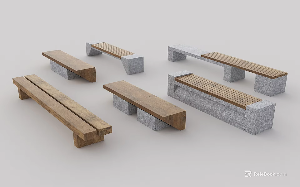 Modern Landscape Benches With Wooden Seats And Stone Supports In Various Styles 3d model 