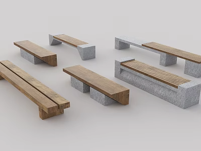 Modern Landscape Benches With Wooden Seats And Stone Supports In Various Styles 3d model