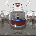 Modern Bank Reception Area With Circular Counter And Marble Background Wall
