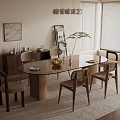 Dining Table Set with Wooden Tabletop Four Chairs Vase Plants Windows Blinds Painting and Cabinet
