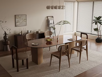 Dining Table Set with Wooden Tabletop Four Chairs Vase Plants Windows Blinds Painting and Cabinet 3d model