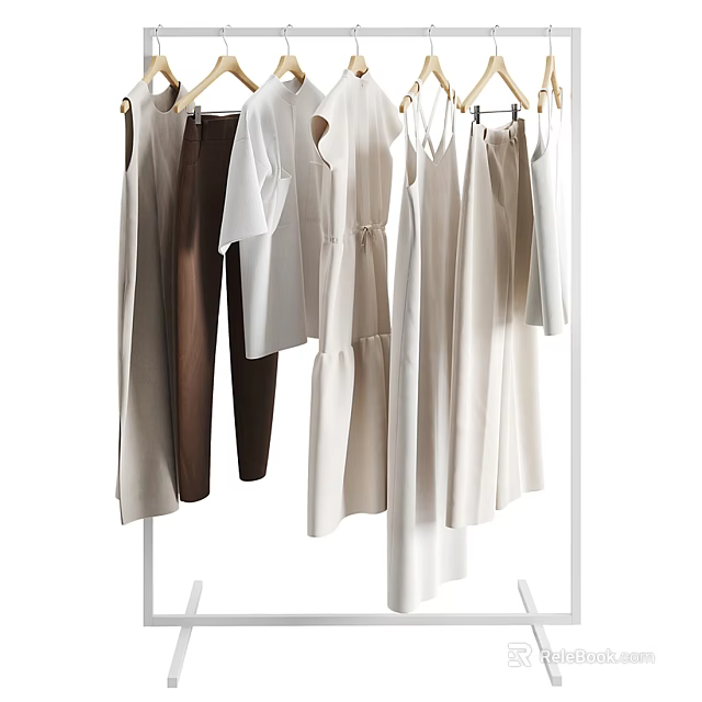 Light Colored Clothes Hanging On Rack Featuring Dresses Tops And Pants 3d model