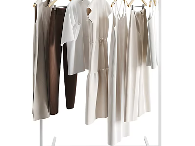 Light Colored Clothes Hanging On Rack Featuring Dresses Tops And Pants 3d model