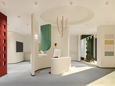 Modern Reception Area With Curved Front Desk Staff Member Pendant Light And Soft Decor 3d model