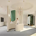 Modern Reception Area With Curved Front Desk Staff Member Pendant Light And Soft Decor