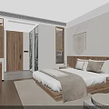 Modern Elegant Hotel Room Interior With Wooden Bed Nightstand Decorative Art Wooden Flooring And Area Rug