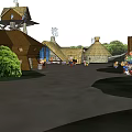 Ancient Village Scene With Thatched Roof Houses Circular Fence Trees Central Area And People