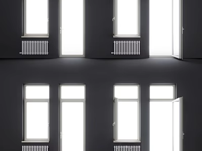 Sleek Modern Casement Windows Installation In Gray Wall With White Frames And Radiators 3d model