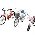 Three Stylish Bikes In White Orange Blue And Pink With Front Baskets And Seats