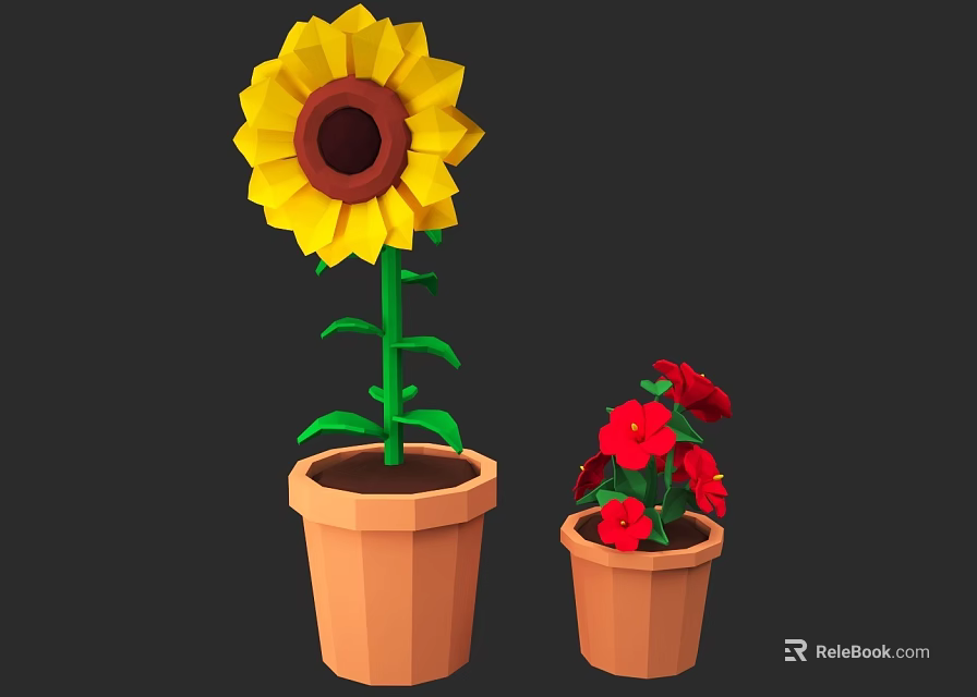 Large Sunflower and Small Red Flowers in Terracotta Potted Plants on Dark Background 3d model 