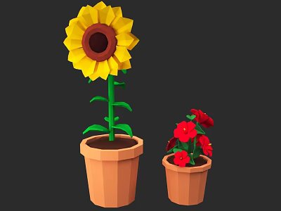 Large Sunflower and Small Red Flowers in Terracotta Potted Plants on Dark Background 3d model