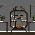 Traditional Chinese Antique Display Shelf With Teacups Teapots Golden Ornament Side Tables And Green Plants