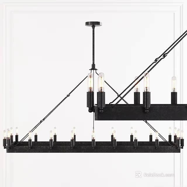 Modern Black Metal Chandelier With Linear Structure And Multiple Light Bulbs For Interior 3d model