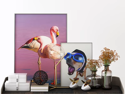Modern Decorative Ornament Set With Flamingo Painting Dog Art Vases And Dried Flowers 3d model