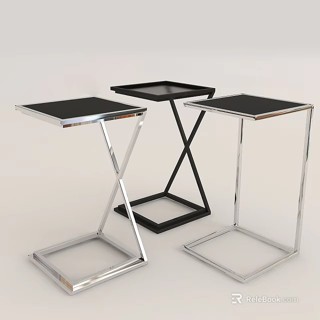 Modern Side Tables With Chrome Metal Frame And Black Square Tops For Living Room 3d model 