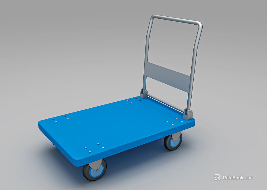 Blue Platform Cart With Metal Handle And Two Rubber Wheels On Flat Surface 3d model 